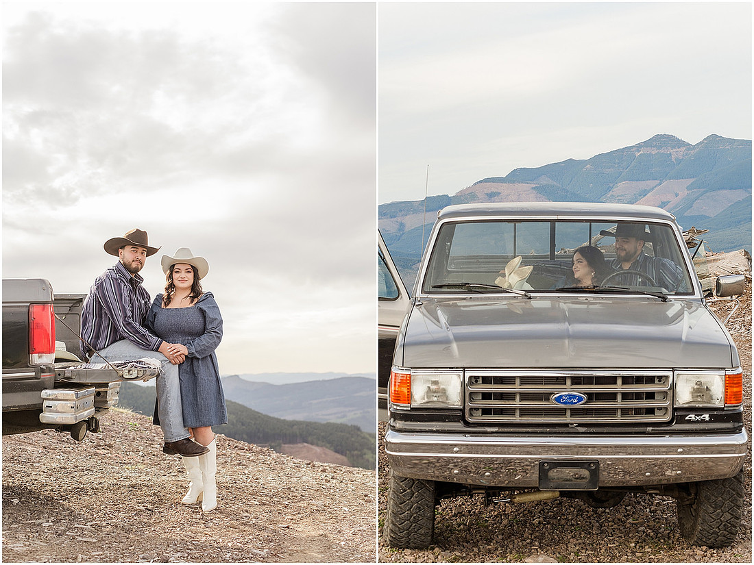"Engagement session with pickup truck", "Pickup truck photo session", "Mountain photo session", "Washington State photographer", "PNW couple photographer", "Western style engagement pictures"