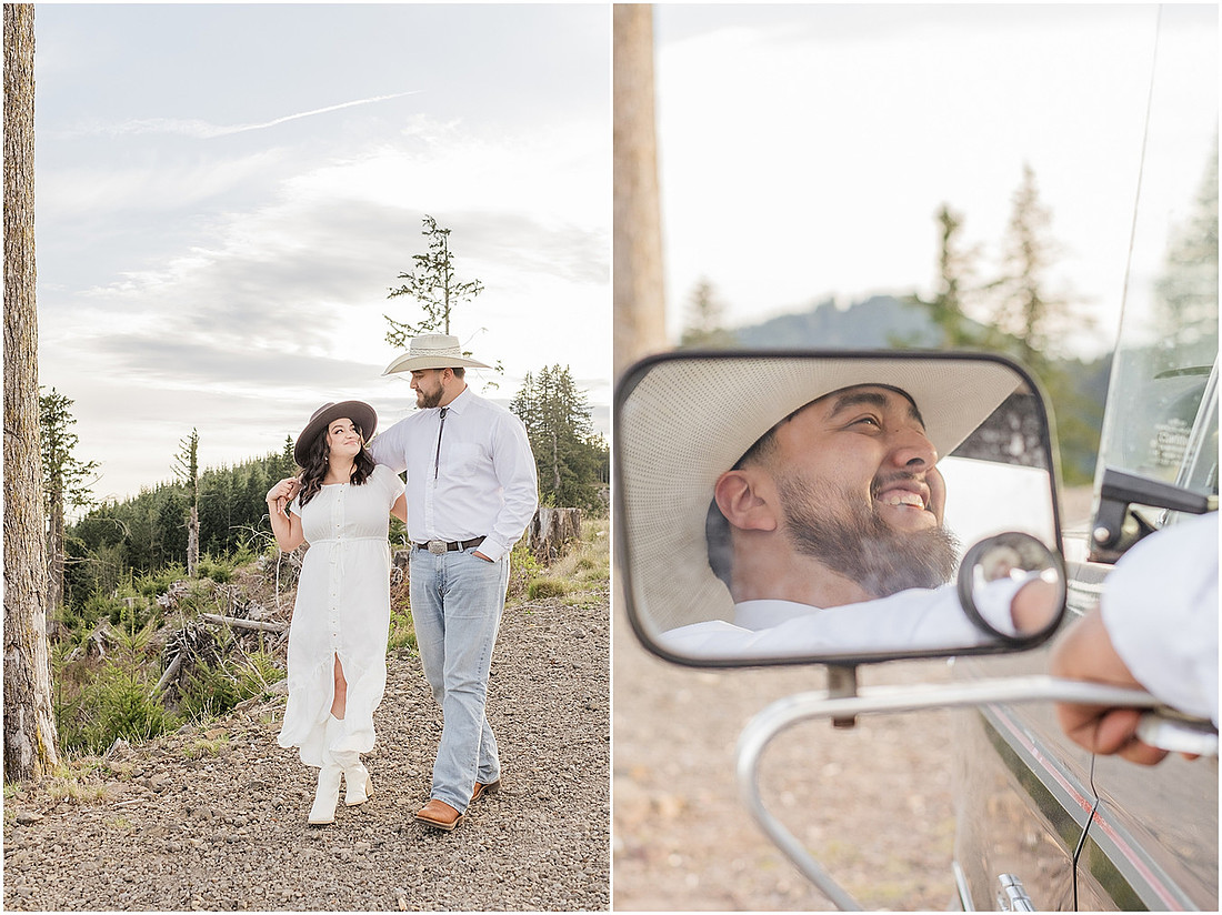 "Engagement session with pickup truck", "Pickup truck photo session", "Mountain photo session", "Washington State photographer", "PNW couple photographer", "Western style engagement pictures"