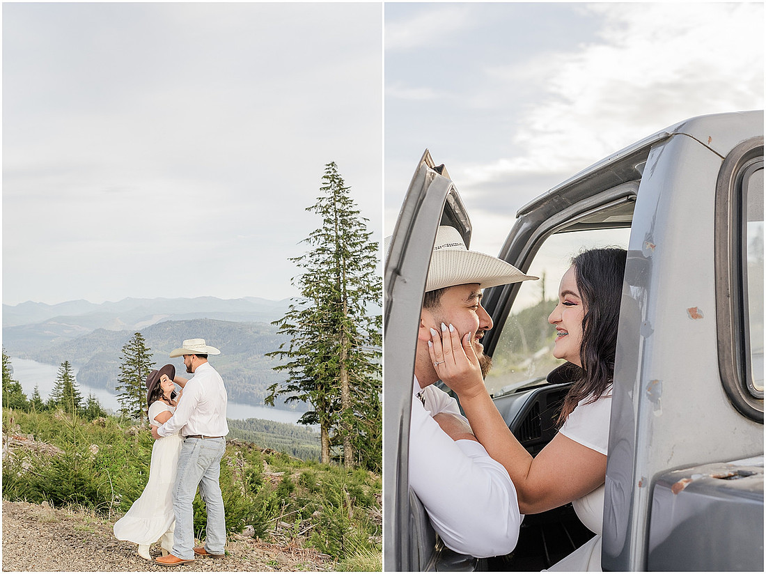 "Engagement session with pickup truck", "Pickup truck photo session", "Mountain photo session", "Washington State photographer", "PNW couple photographer", "Western style engagement pictures"