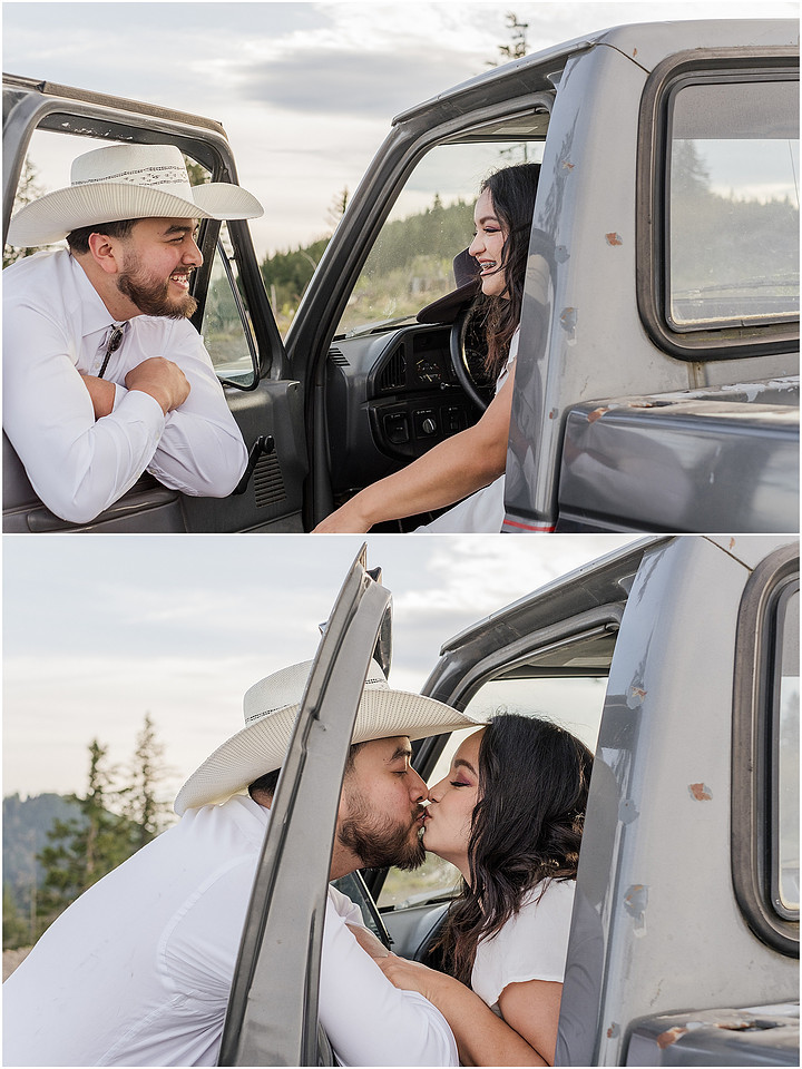 "Engagement session with pickup truck", "Pickup truck photo session", "Mountain photo session", "Washington State photographer", "PNW couple photographer", "Western style engagement pictures"