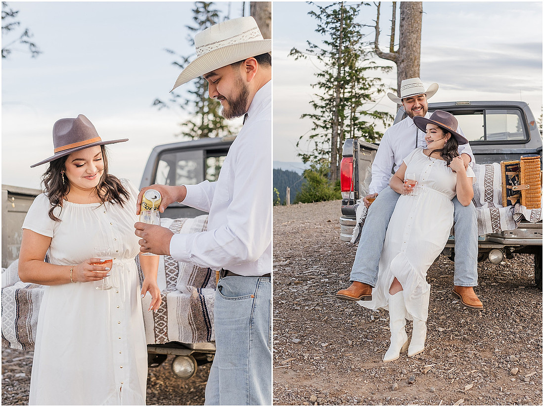 "Engagement session with pickup truck", "Pickup truck photo session", "Mountain photo session", "Washington State photographer", "PNW couple photographer", "Western style engagement pictures"