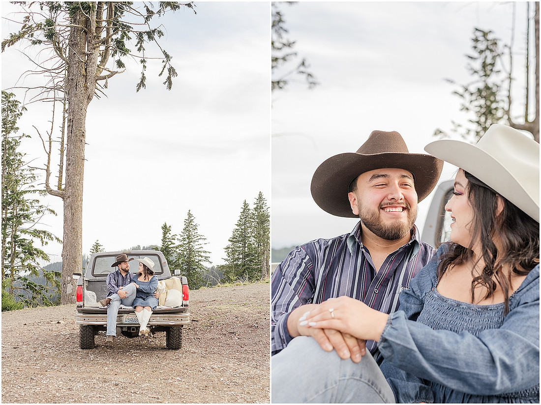 "Engagement session with pickup truck", "Pickup truck photo session", "Mountain photo session", "Washington State photographer", "PNW couple photographer", "Western style engagement pictures"