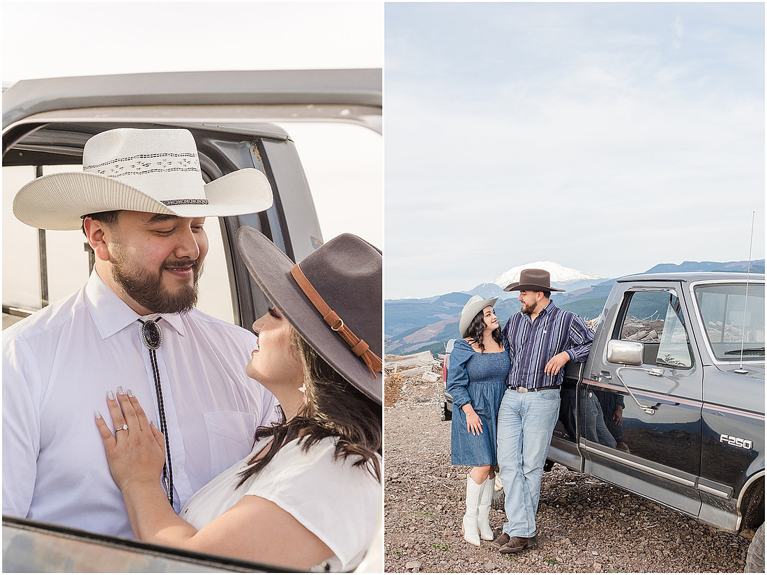 "Engagement session with pickup truck", "Pickup truck photo session", "Mountain photo session", "Washington State photographer", "PNW couple photographer", "Western style engagement pictures"