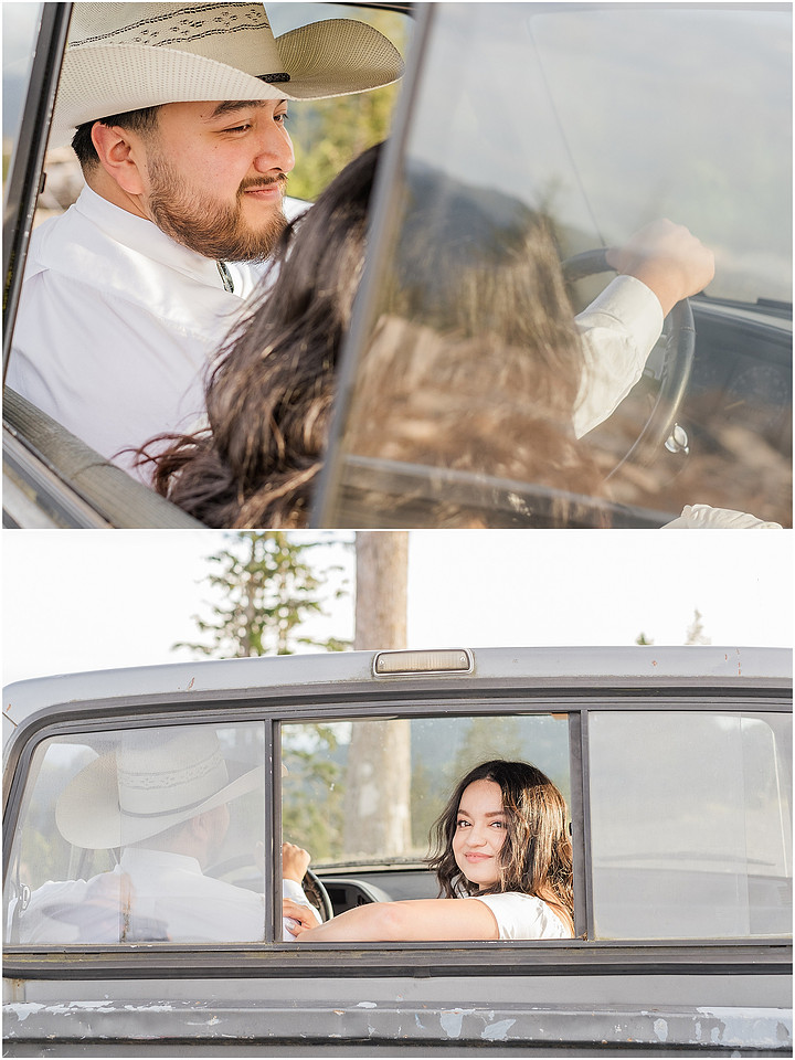 "Engagement session with pickup truck", "Pickup truck photo session", "Mountain photo session", "Washington State photographer", "PNW couple photographer", "Western style engagement pictures"