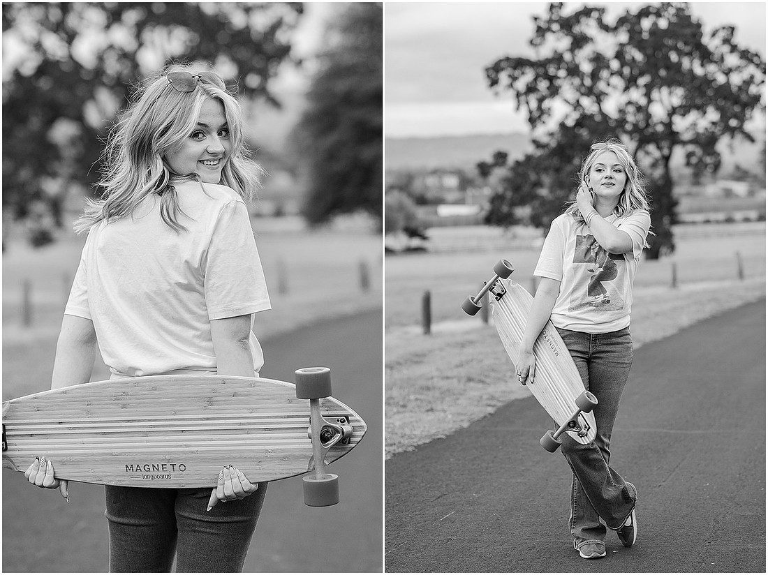 "Fort Vancouver Senior Session", "Flower garden senior session", "Longboard senior session", "Marshall House senior session"