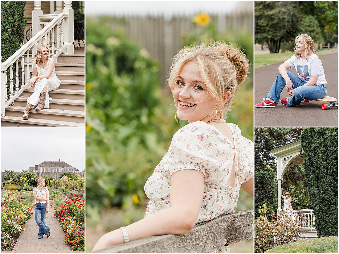 "Fort Vancouver Senior Session", "Flower garden senior session", "Longboard senior session", "Marshall House senior session"