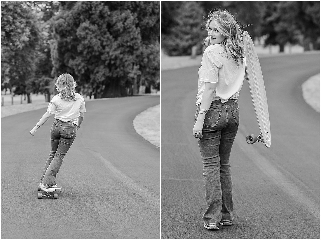 "Fort Vancouver Senior Session", "Flower garden senior session", "Longboard senior session", "Marshall House senior session"