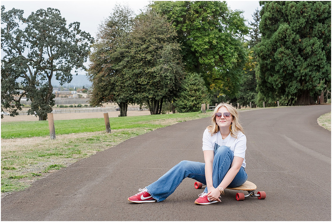 "Fort Vancouver Senior Session", "Flower garden senior session", "Longboard senior session", "Marshall House senior session"