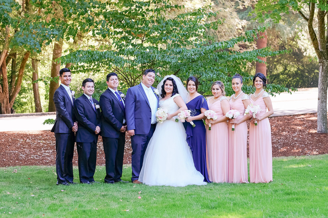 Outdoor wedding pictures, pink bridesmaids dresses, Beaverton Oregon wedding