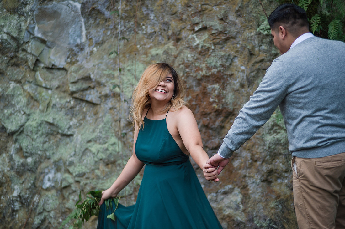 "Woodland engagement pictures" "boho engagement pictures", "green dress", 