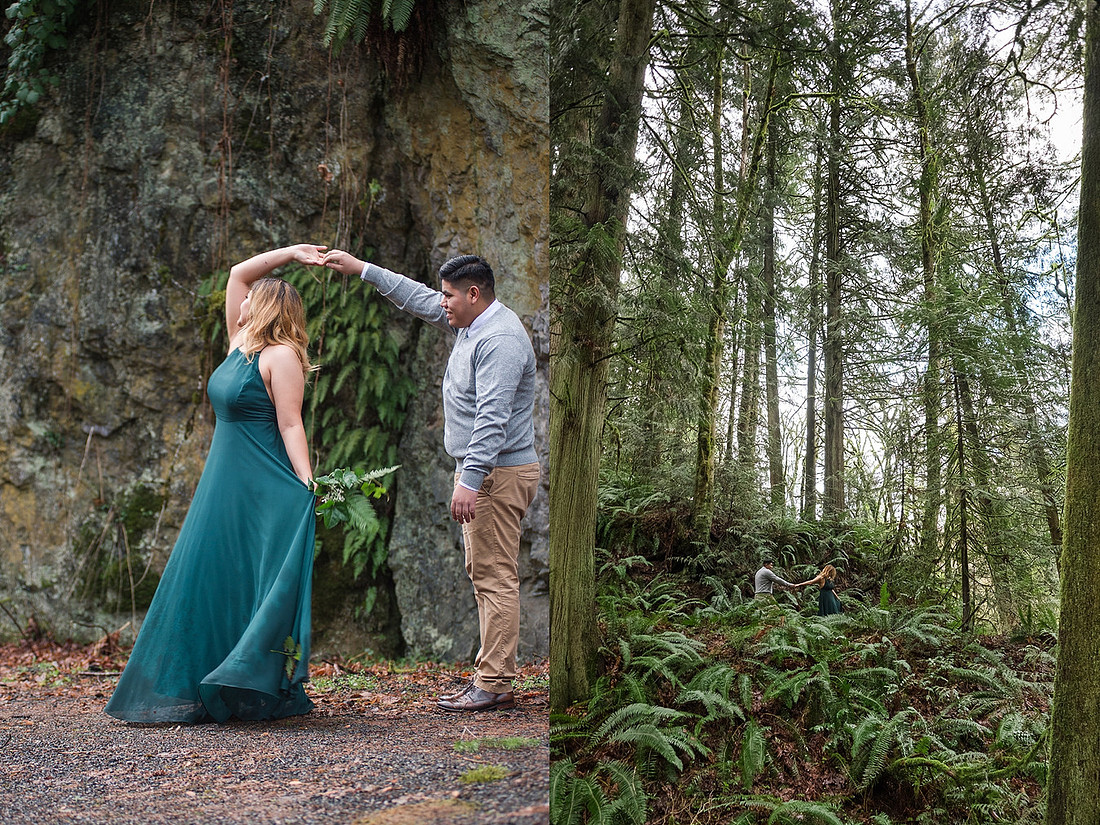 "Woodland engagement pictures" "boho engagement pictures", "green dress", 