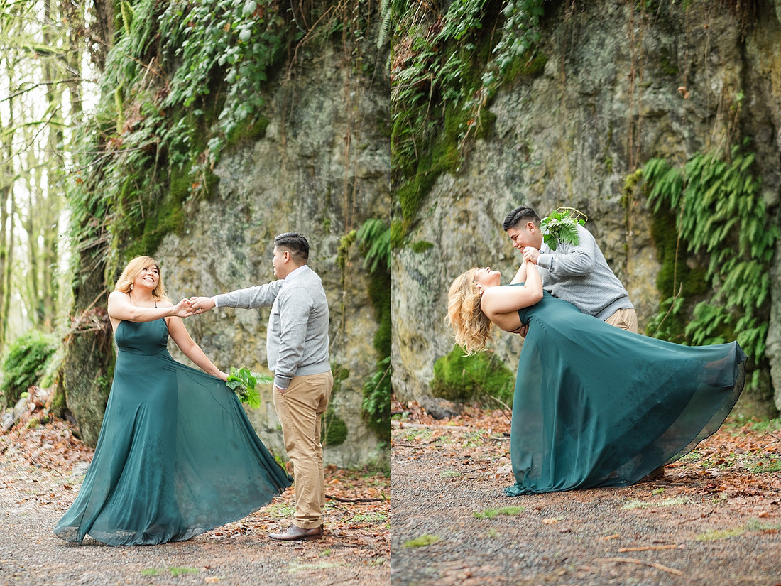 "Woodland engagement pictures" "boho engagement pictures", "green dress", 