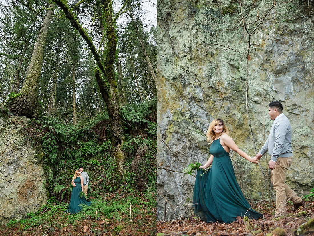 "Woodland engagement pictures" "boho engagement pictures", "green dress", 