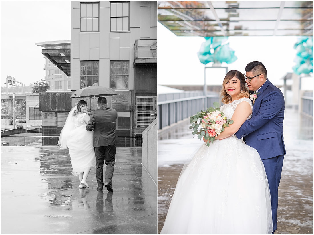 "rainy wedding day", "Pink bouquets", 