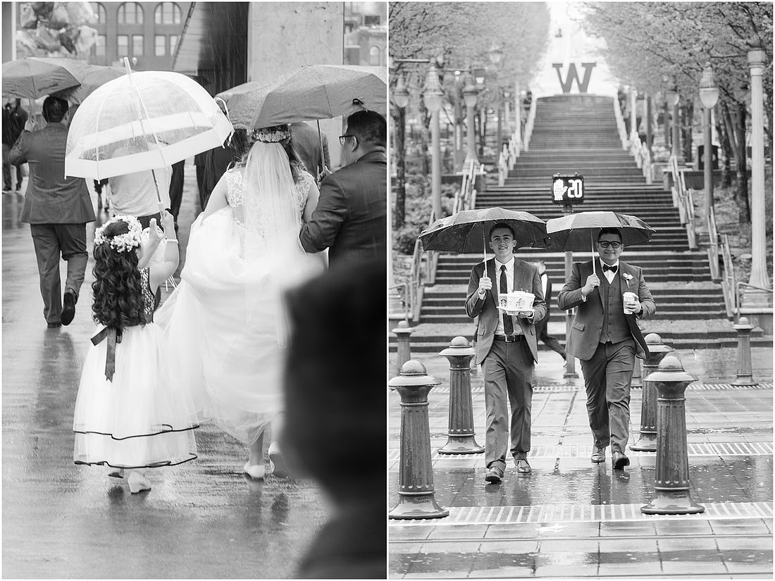 "rainy wedding day", "Pink bouquets", 