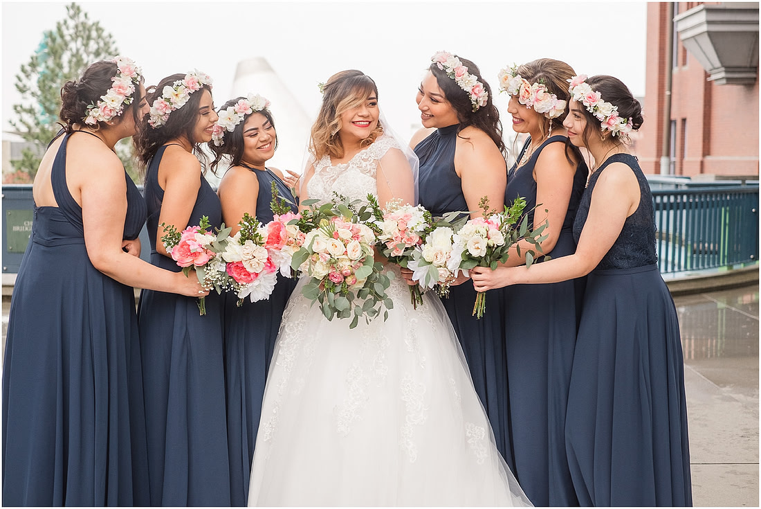 "rainy wedding day", "Pink bouquets", 