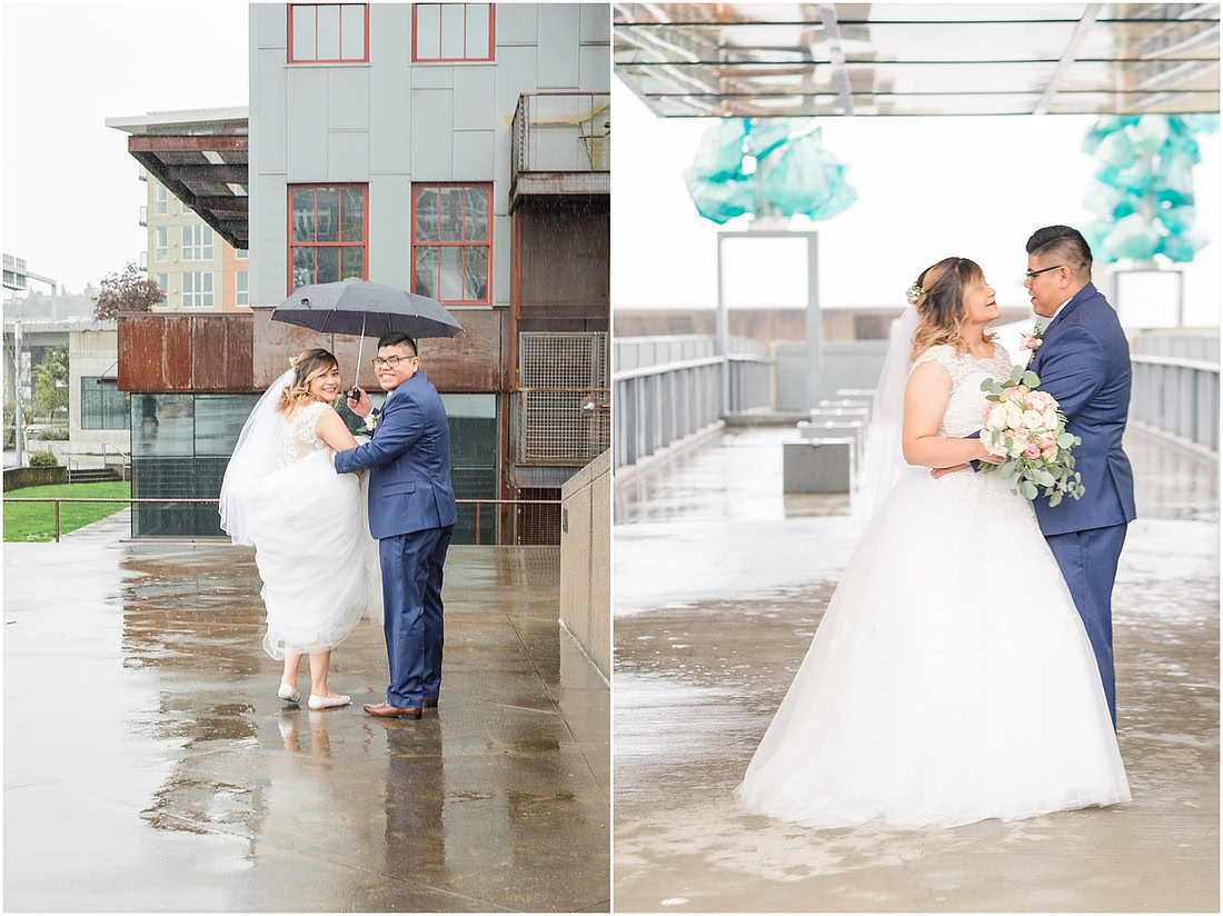 "rainy wedding day", "Pink bouquets", 