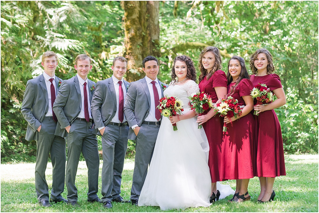 "Burgundy bridesmaids dresses", "Lewisville Park Wedding", "Ivory sunflower bouquet", "PNW Summer wedding"