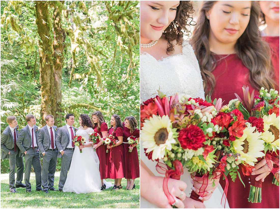 "Burgundy bridesmaids dresses", "Lewisville Park Wedding", "Ivory sunflower bouquet", "PNW Summer wedding"