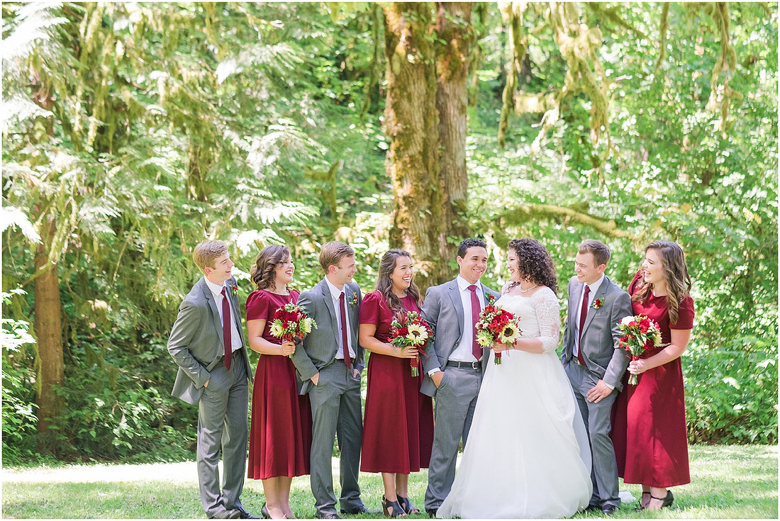 "Burgundy bridesmaids dresses", "Lewisville Park Wedding", "Ivory sunflower bouquet", "PNW Summer wedding"