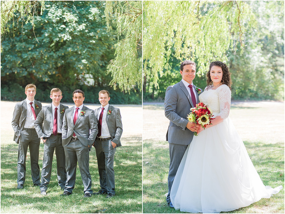 "Burgundy bridesmaids dresses", "Lewisville Park Wedding", "Ivory sunflower bouquet", "PNW Summer wedding"