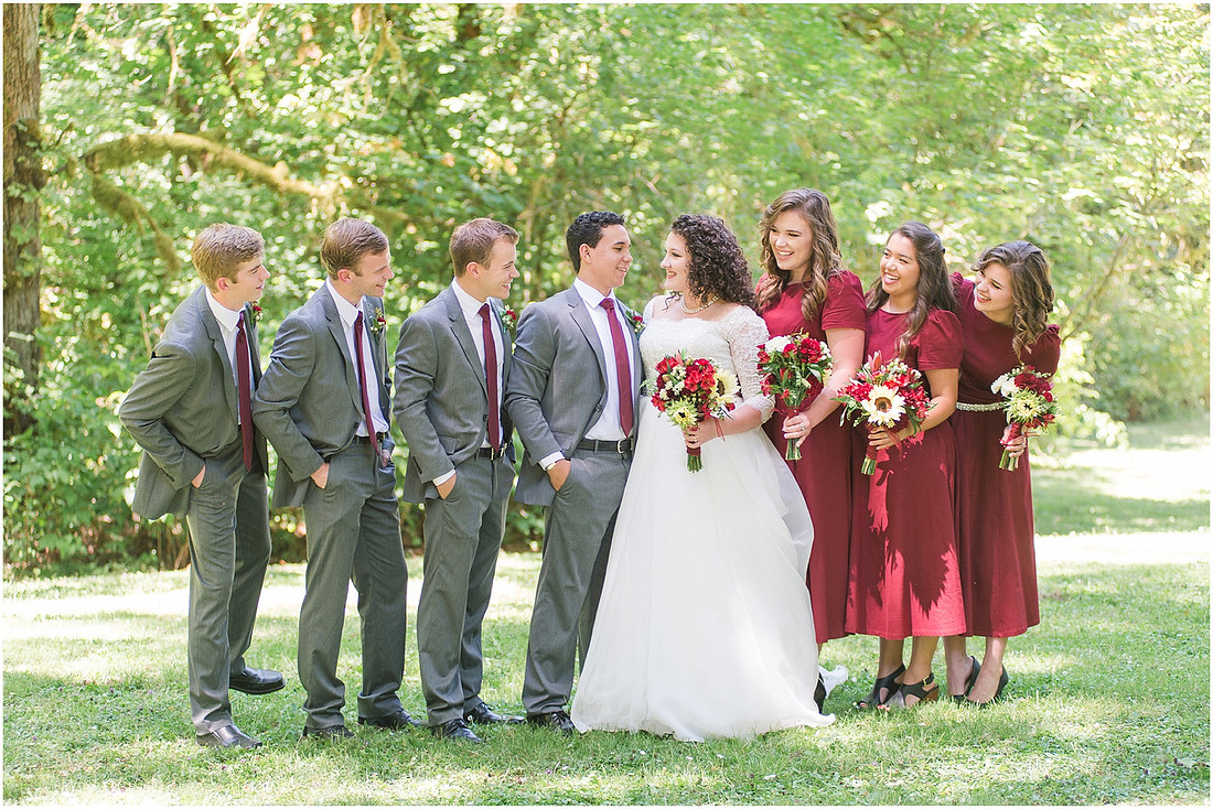 "Burgundy bridesmaids dresses", "Lewisville Park Wedding", "Ivory sunflower bouquet", "PNW Summer wedding"