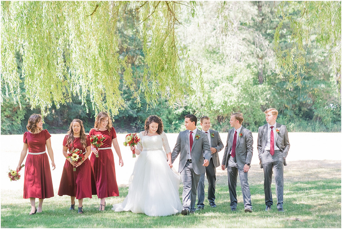 "Burgundy bridesmaids dresses", "Lewisville Park Wedding", "Ivory sunflower bouquet", "PNW Summer wedding"