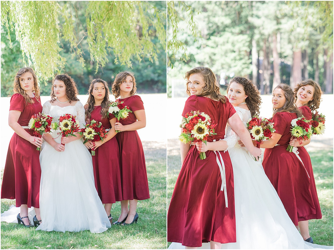 "Burgundy bridesmaids dresses", "Lewisville Park Wedding", "Ivory sunflower bouquet", "PNW Summer wedding"