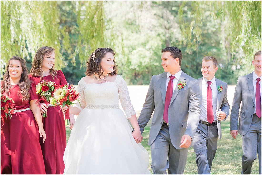 "Burgundy bridesmaids dresses", "Lewisville Park Wedding", "Ivory sunflower bouquet", "PNW Summer wedding"