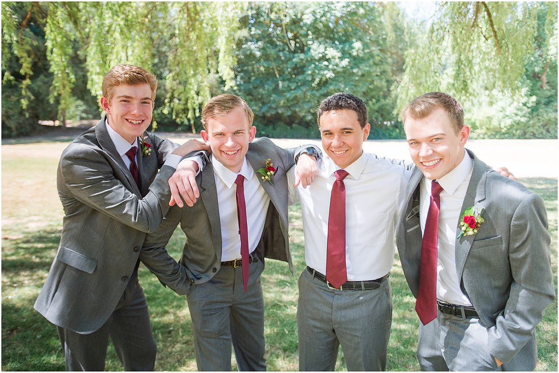"Burgundy bridesmaids dresses", "Lewisville Park Wedding", "Ivory sunflower bouquet", "PNW Summer wedding"