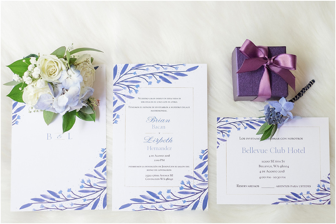 "Bellevue club hotel wedding", "PNW Summer wedding", "First Look", "blue hydrangea bouquet", "Oleg Cassini dress"