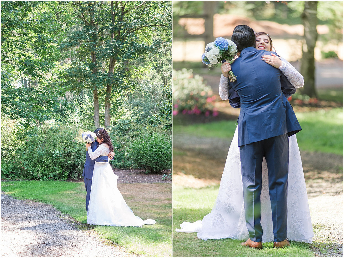 "Bellevue club hotel wedding", "PNW Summer wedding", "First Look", "blue hydrangea bouquet", "Oleg Cassini dress"