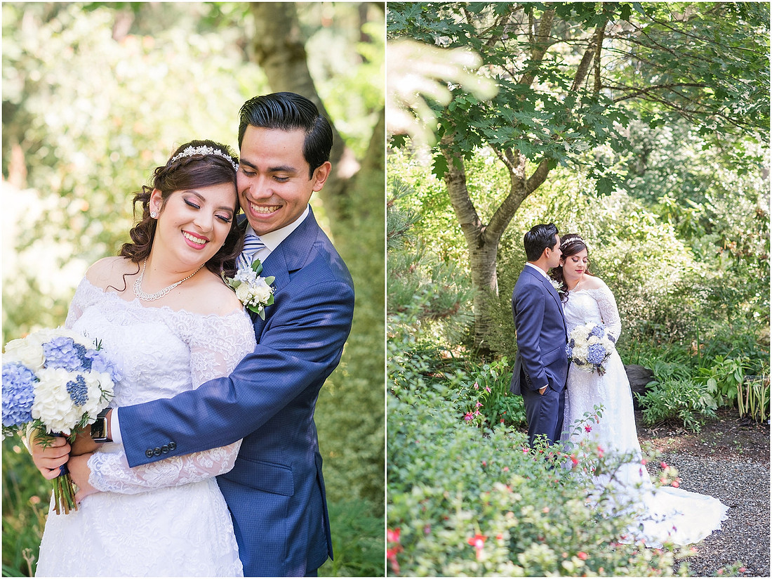 "Bellevue club hotel wedding", "PNW Summer wedding", "First Look", "blue hydrangea bouquet", "Oleg Cassini dress"