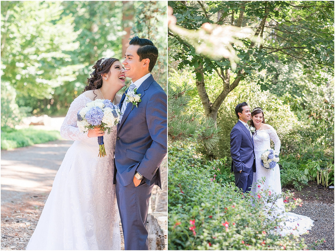 "Bellevue club hotel wedding", "PNW Summer wedding", "First Look", "blue hydrangea bouquet", "Oleg Cassini dress"