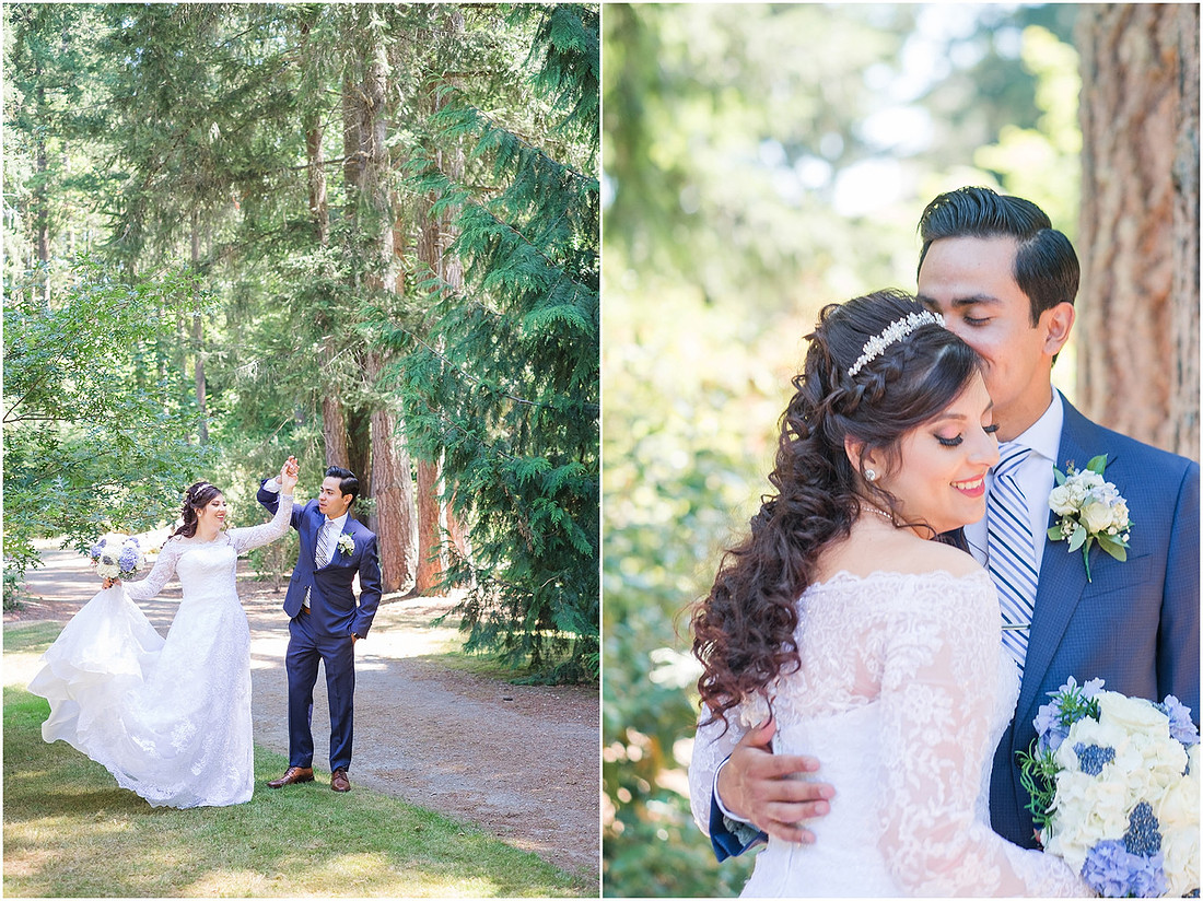 "Bellevue club hotel wedding", "PNW Summer wedding", "First Look", "blue hydrangea bouquet", "Oleg Cassini dress"