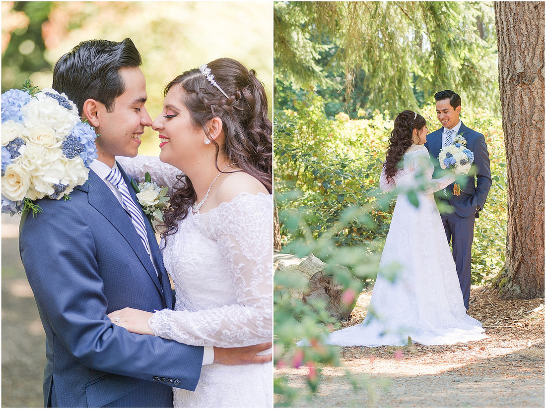 "Bellevue club hotel wedding", "PNW Summer wedding", "First Look", "blue hydrangea bouquet", "Oleg Cassini dress"