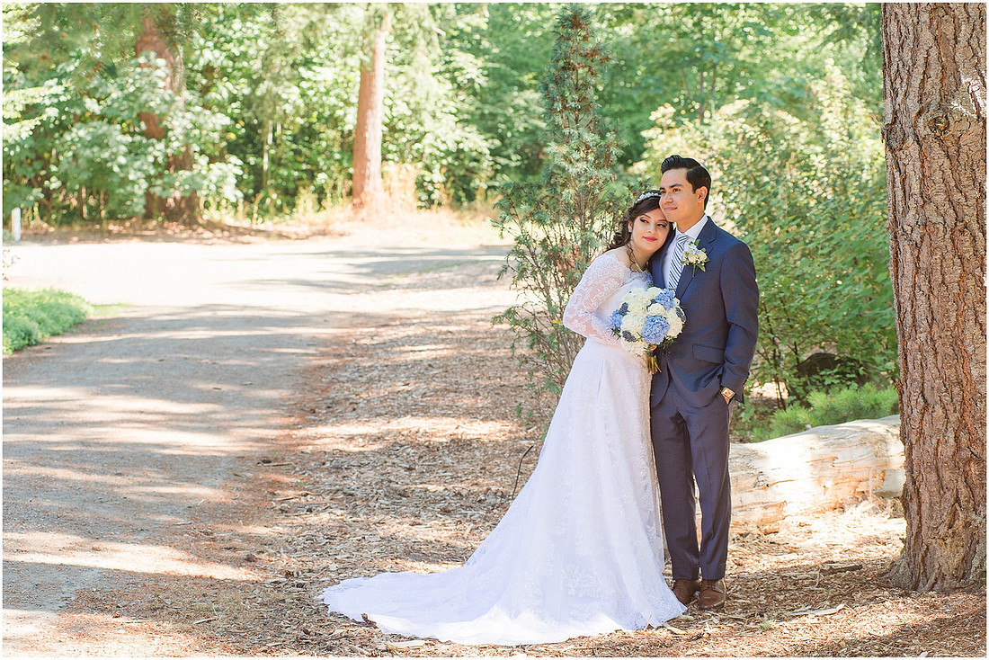 "Bellevue club hotel wedding", "PNW Summer wedding", "First Look", "blue hydrangea bouquet", "Oleg Cassini dress"
