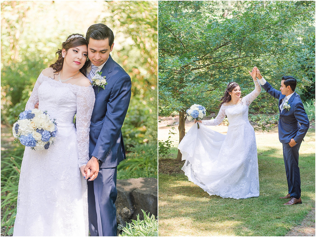 "Bellevue club hotel wedding", "PNW Summer wedding", "First Look", "blue hydrangea bouquet", "Oleg Cassini dress"