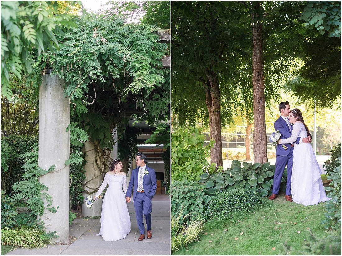 "Bellevue club hotel wedding", "PNW Summer wedding", "First Look", "blue hydrangea bouquet", "Oleg Cassini dress"