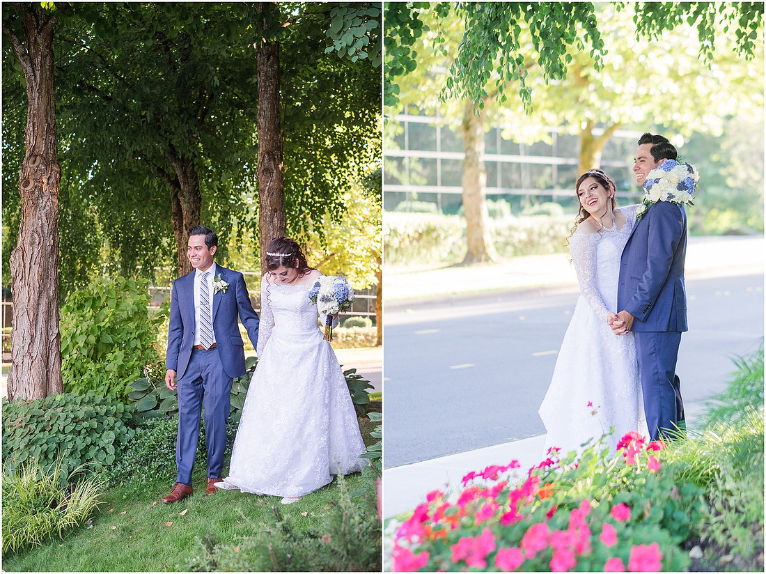 "Bellevue club hotel wedding", "PNW Summer wedding", "blue hydrangea bouquet", "Oleg Cassini dress"