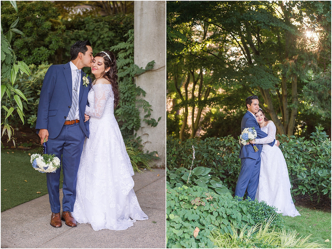 "Bellevue club hotel wedding", "PNW Summer wedding", "blue hydrangea bouquet", "Oleg Cassini dress"