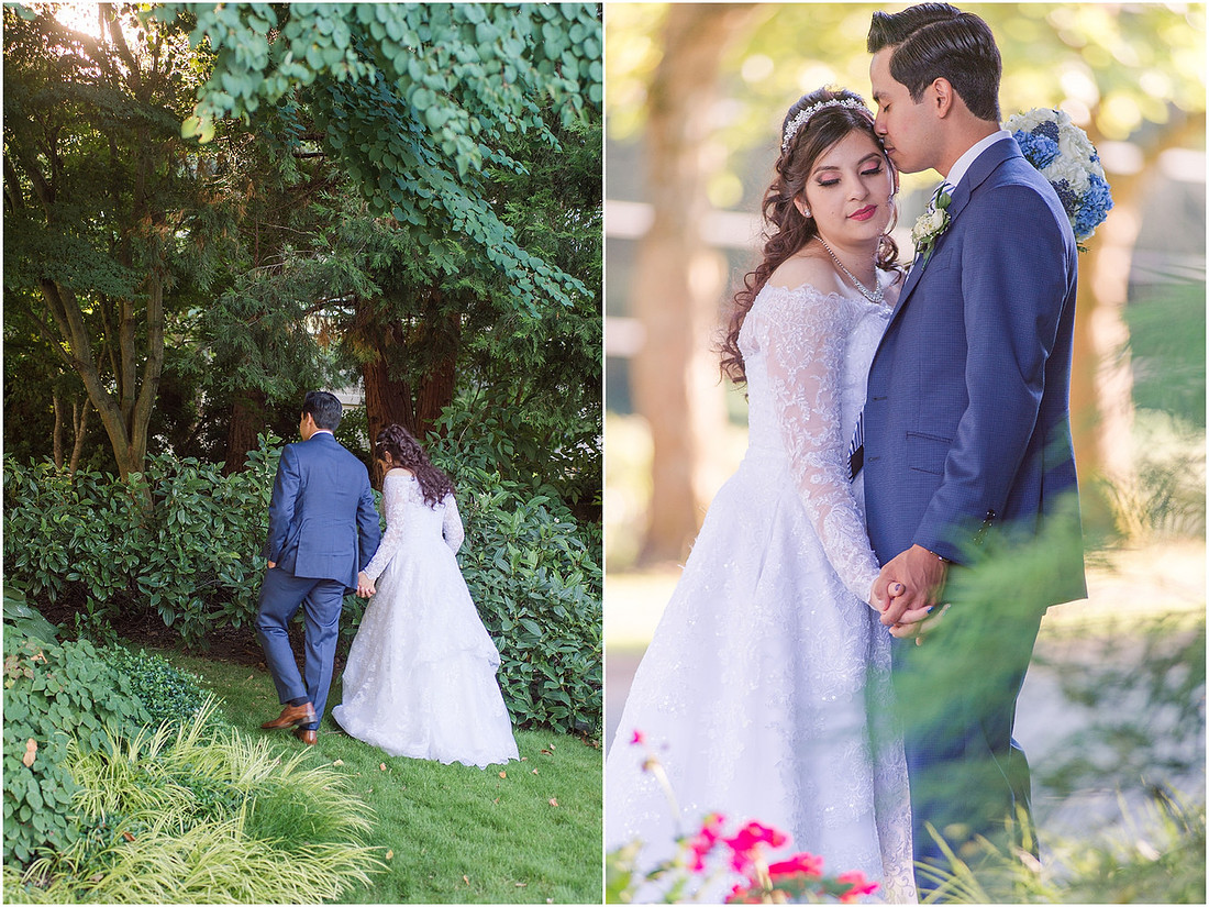 "Bellevue club hotel wedding", "PNW Summer wedding", "blue hydrangea bouquet", "Oleg Cassini dress"