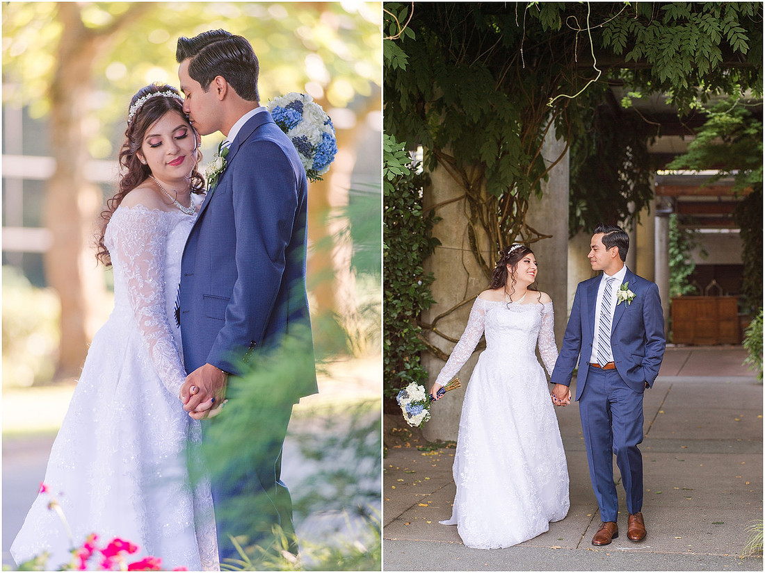 "Bellevue club hotel wedding", "PNW Summer wedding", "blue hydrangea bouquet", "Oleg Cassini dress"