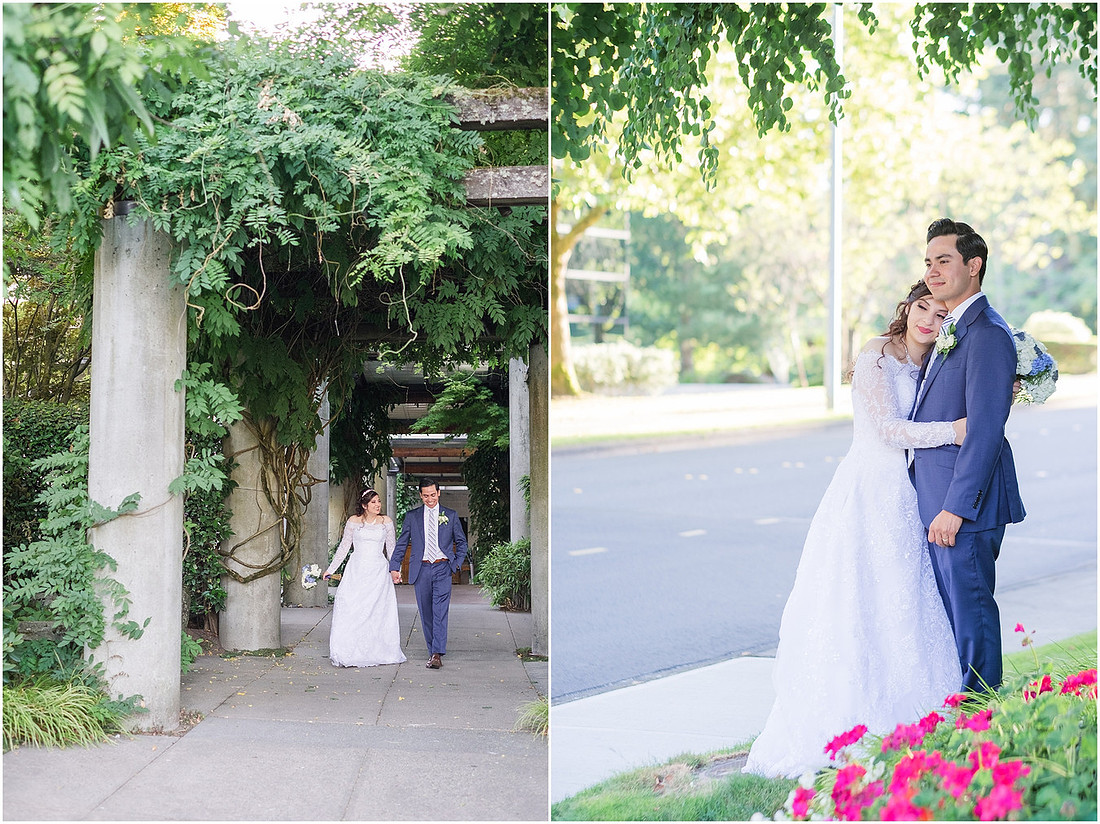 "Bellevue club hotel wedding", "PNW Summer wedding", "blue hydrangea bouquet", "Oleg Cassini dress"