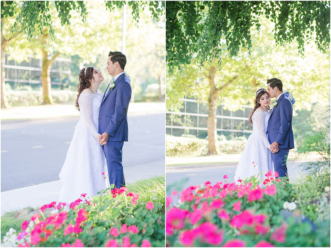 "Bellevue club hotel wedding", "PNW Summer wedding", "blue hydrangea bouquet", "Oleg Cassini dress"