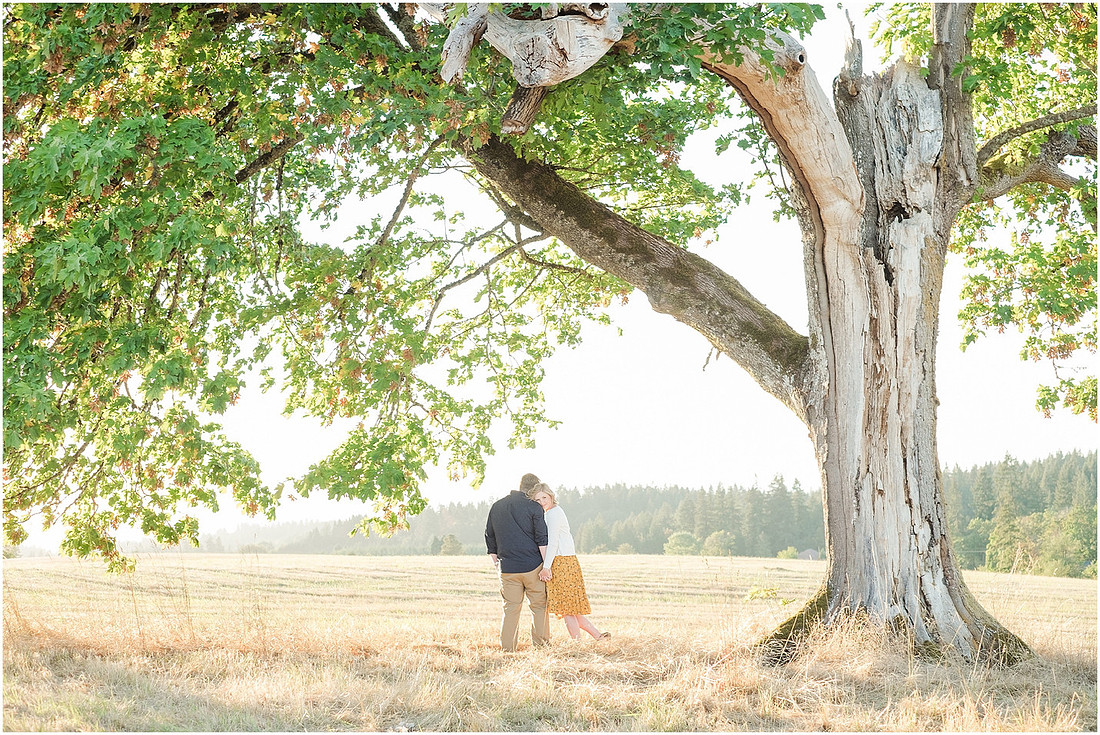 "Ridgefield engagement", "yellow dress", "Oak tree engagement pictures", "Sunset engagement"