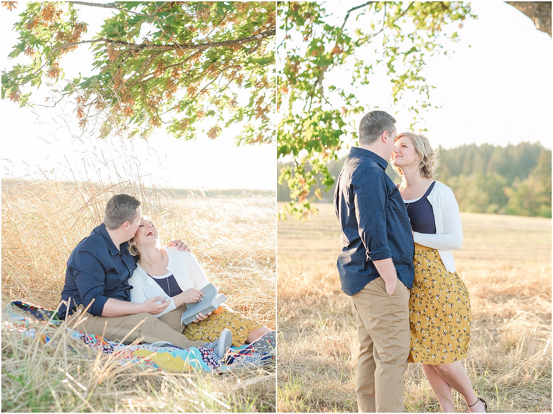 "Ridgefield engagement", "yellow dress", "Oak tree engagement pictures", "Sunset engagement"