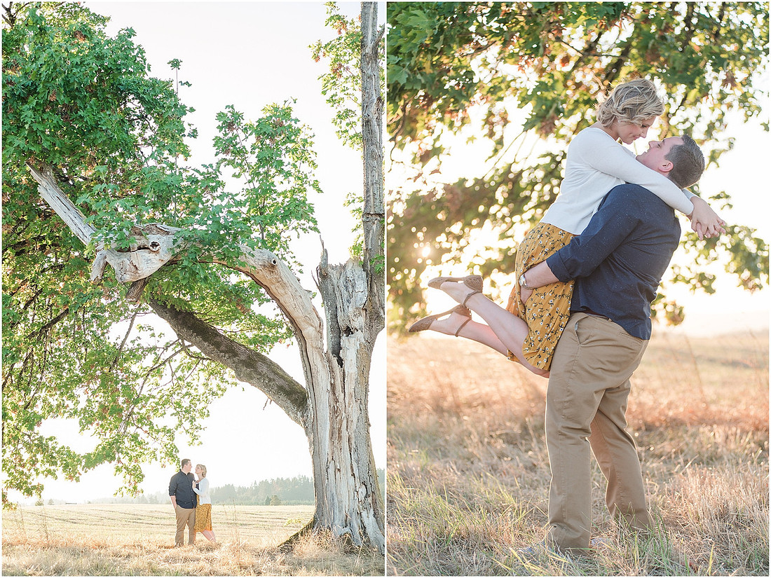 "Ridgefield engagement", "yellow dress", "Oak tree engagement pictures", "Sunset engagement"