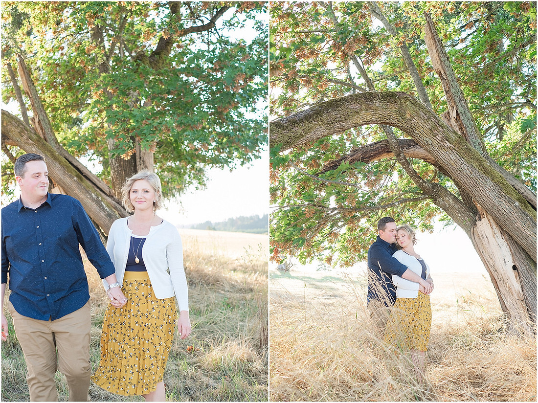 "Ridgefield engagement", "yellow dress", "Oak tree engagement pictures", "Sunset engagement"